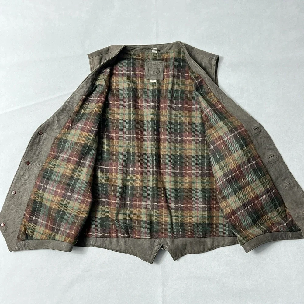 Green Fields Leather Vest Men XXL Brown Taupe Pockets Plaid Lining
